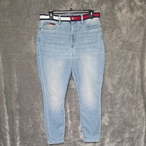 Tommy Hilfiger Light Blue Cropped Jeans with Red and White Waistband. Size 12